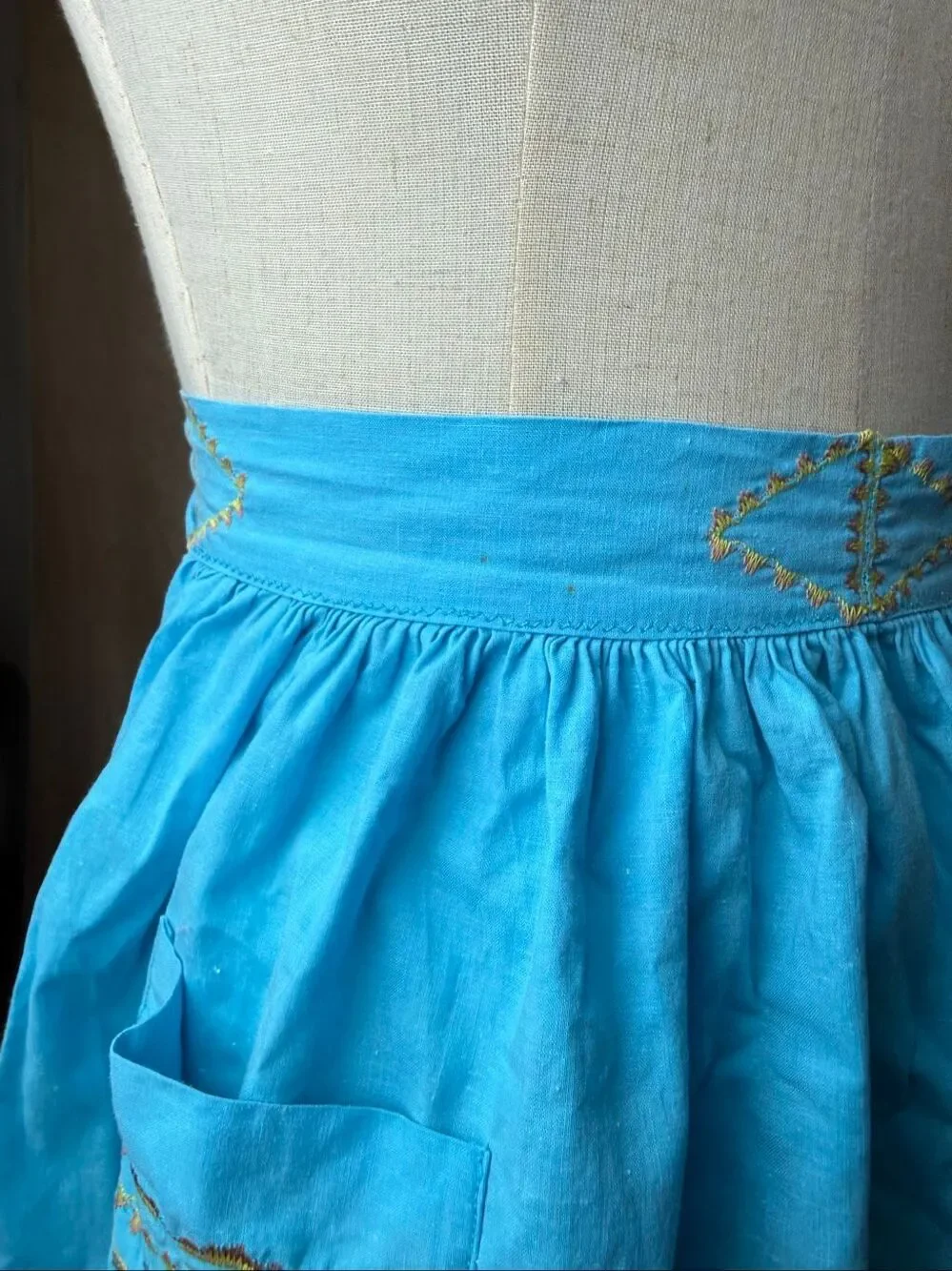 Vintage 1950s Blue Half Apron Embroidered Kitschy Kitchen